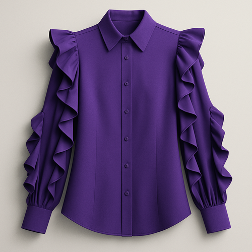 Purple, button-down shirt, long ruffled sleeves