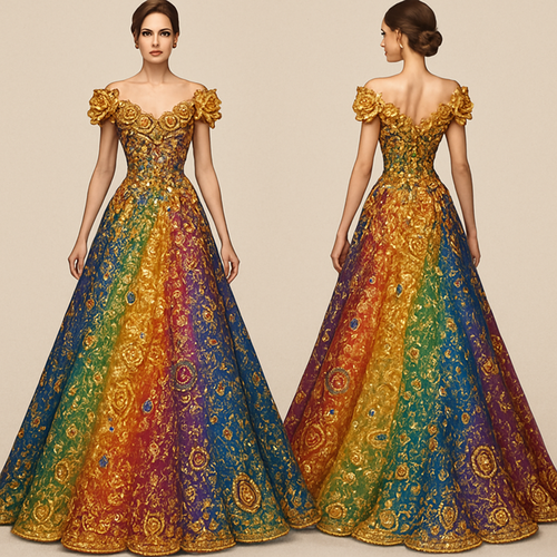 Address may have golden silk and beautiful roses. The dress is covered and pieces of gold and rare diamonds of all colors. It is rainbow and blue and pink and red and orange and yellow and green and blue and purple, all into one and combined with a gold touch and finish.