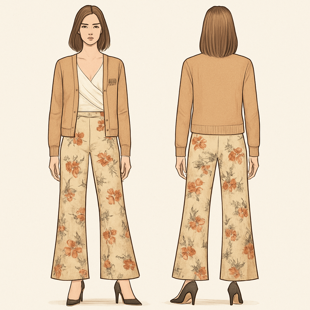 Criss cross shirt bell bottom pants flowers on the pants with a letters man cardigan and some heels 

Criss cross shirt bell bottom pants flowers on the pants with a letters man cardigan and some heels , business style, show front and back