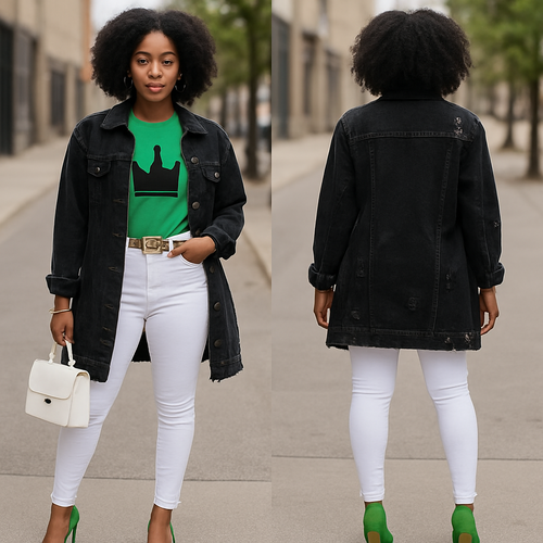 Black woman 
Green shirt with a crown on it in black 
Long black ripped jean jacket 
Tight white pants gold belt 
Gold bracelet 
Green earrings 
Green heels white purse 
