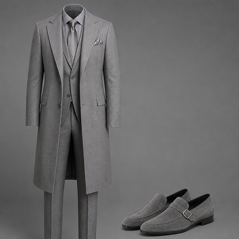 No model only outfit and add a grey matching coat and a slip on a shoe suede stripe buckle on the side .
edit the attached fashion design with these instructions: No model only outfit and add a grey matching coat and a slip on a shoe suede stripe buckle on the side .. keep it photorealistic, just the design no text