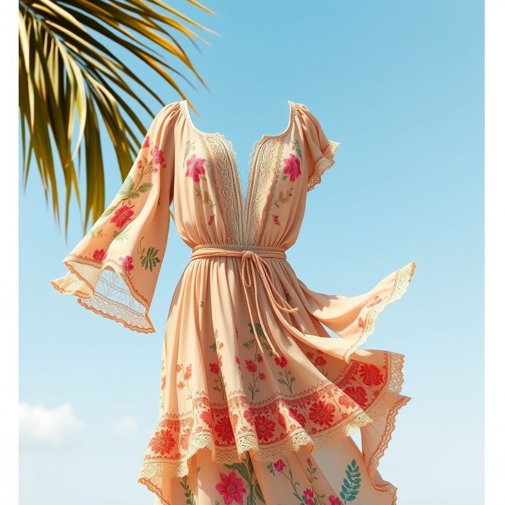 Create resort wear dress with frills tech pack
Design a flowy, resort wear dress embellished with cascading frills, capturing the essence of boho-chic. Use lightweight, breathable fabrics in earthy tones, adorned with intricate embroidery and delicate lace. Incorporate vibrant, artistic prints inspired by nature. Highlight billowy sleeves and a cinched waist for an effortless, free-spirited look perfect for sun-soaked afternoons.