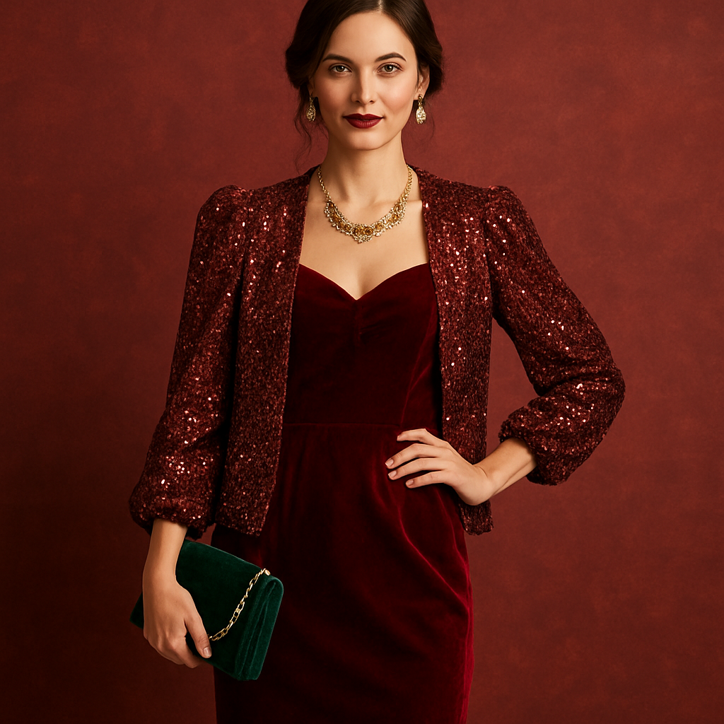Festive Attire variation of cocktail attire, blending elegance with seasonal flair through elements like rich colors, holiday sparkle, and festive fabrics such as velvet, sequins, and metallics. 

Festive Attire variation of cocktail attire, blending elegance with seasonal flair through elements like rich colors, holiday sparkle, and festive fabrics such as velvet, sequins, and metallics. , formal style