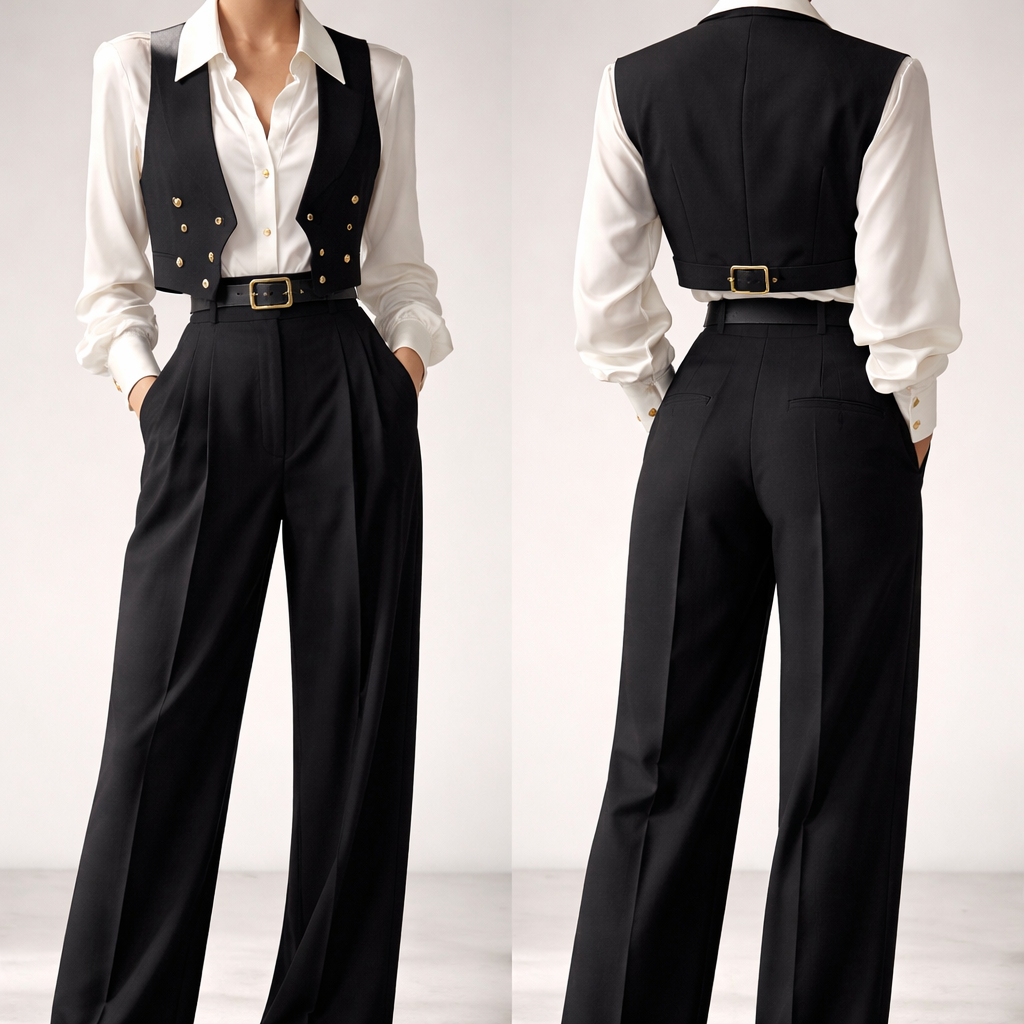 don’t draw the face but the texture of the cloth should be of that of a suit black baggy trousers paired with a white shirt that is made of silk but white in color and has gold buttons and a half vest blazer with also gold buttons paired with a belt
don’t draw the face but the texture of the cloth should be of that of a suit black baggy trousers paired with a white shirt that is made of silk but white in color and has gold buttons and a half vest blazer with also gold buttons paired with a belt , show front and back