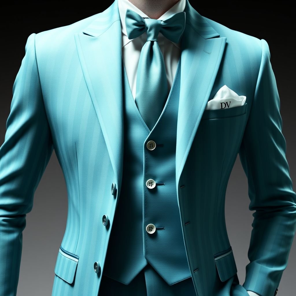 men’s suit. 3 peice light blue and mint green striped tuxedo suit.. Put “DV” somewhere on it
Design an elegant men’s three-piece tuxedo suit in a sophisticated palette of light blue and mint green stripes. The suit features a tailored fit with a structured silhouette, accentuating the male form. Incorporate luxurious fabrics and refined details, including a subtle “DV” monogram embroidered on the jacket pocket for personalization.