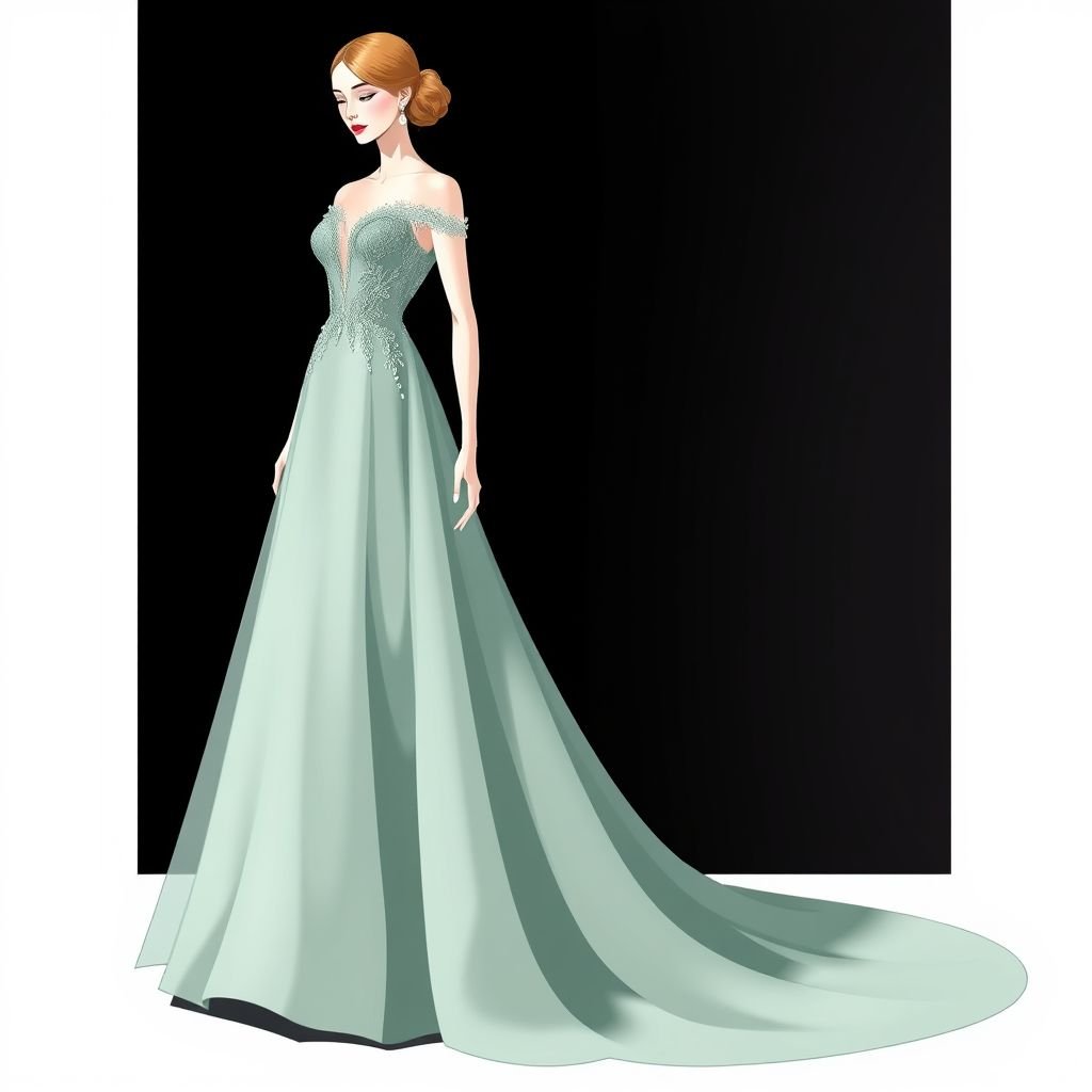 Drees
Design an elegant evening gown inspired by classic haute couture. Picture a timeless silhouette with a fitted bodice and flowing skirt, crafted from luxurious silk chiffon. Incorporate intricate lace detailing and subtle pearl embellishments. Finish with a gentle off-shoulder neckline and a sweeping train, embodying sophistication and grace in every stitch.