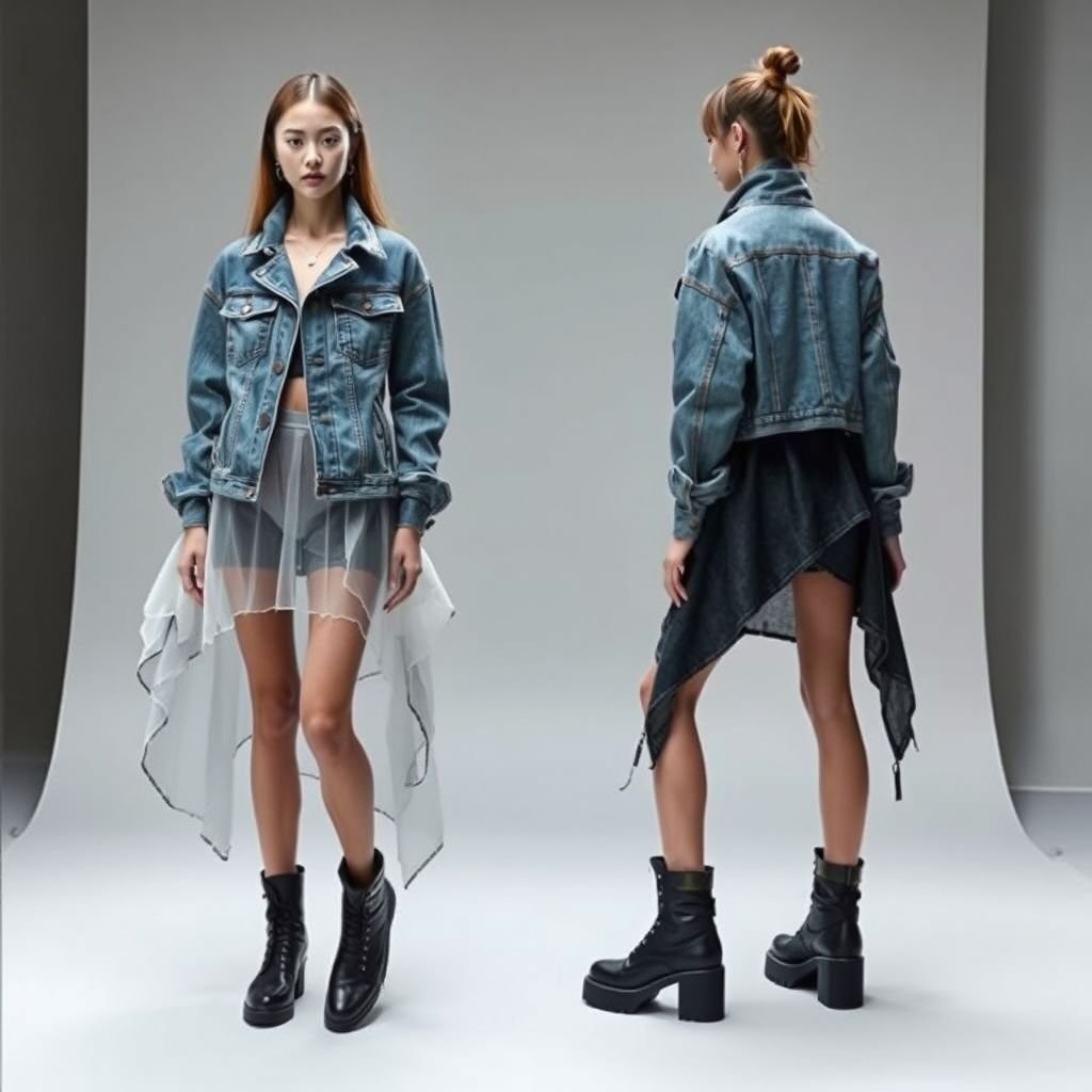 Denim
Imagine a futuristic denim collection that combines classic elements with avant-garde silhouettes. Explore unstructured, oversized jackets with asymmetrical hems, layered with sheer organza for a striking contrast. Incorporate hand-painted details and upcycled fabric patches, fused with metallic threads. Finish with chunky, artisan-crafted boots for an edgy, yet refined look.