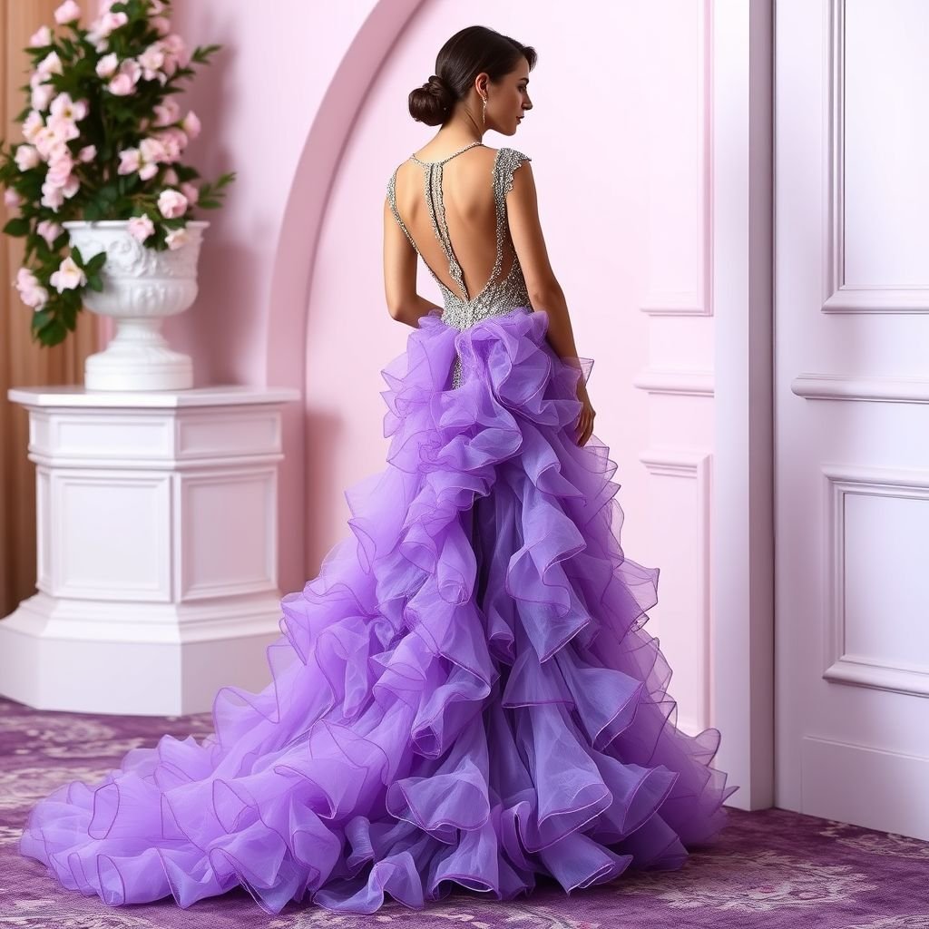 A purple colour gown for a red carpet
Imagine a stunning floor-length gown in a rich lavender hue, intricately layered with sheer, shimmering organza. Cascading ruffles frame the silhouette, creating a graceful flow with every step. Adorned with delicate silver beadwork, it features a daring open back and a thigh-high slit, exuding elegance and modern glamour for the red carpet.