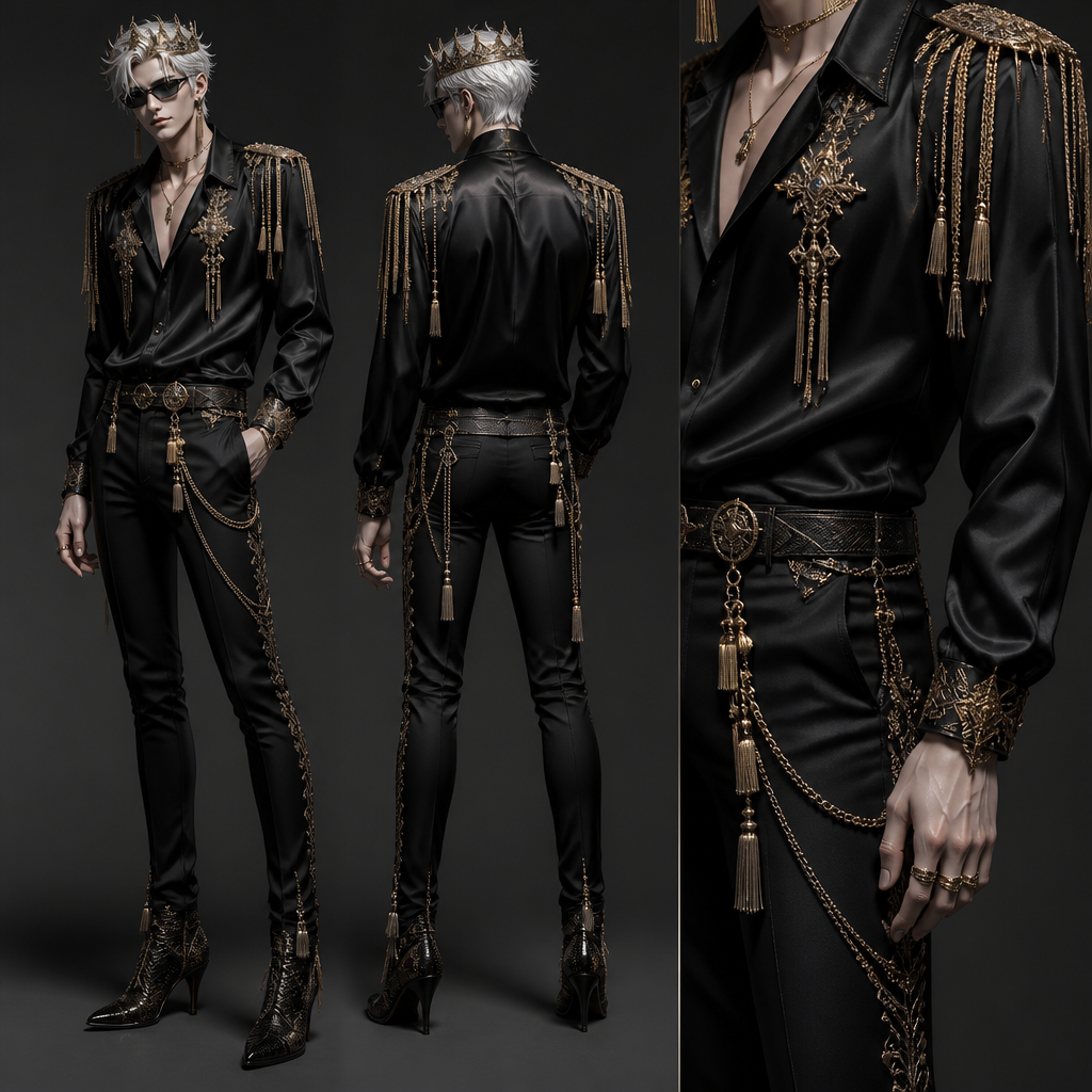 A Male fashion design. Satoru Gojo with black silky shirt and tight trousers, with gold tassels brooch, waist chain tassels, belts, crown, rings, shoulders tassels, black sunglasses, black crystal heels. India fashion aesthetics.
photorealistic fashion design, A Male fashion design. Satoru Gojo with black silky shirt and tight trousers, with gold tassels brooch, waist chain tassels, belts, crown, rings, shoulders tassels, black sunglasses, black crystal heels. India fashion aesthetics., just the design no text