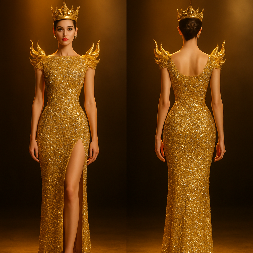 Design a full-length golden gown completely covered in shimmering gold gemstones and a few light purple crystals. The gown must be skin-tight from the shoulders down to the floor with no flare at the bottom — like a second skin. Keep a high slit starting from the waist on one side. Add short sculpted golden flame-like wings on the shoulders and a royal gold crown. The look should radiate elegance, fire, and power under intense golden stage lights.”

Design a full-length golden gown completely covered in shimmering gold gemstones and a few light purple crystals. The gown must be skin-tight from the shoulders down to the floor with no flare at the bottom — like a second skin. Keep a high slit starting from the waist on one side. Add short sculpted golden flame-like wings on the shoulders and a royal gold crown. The look should radiate elegance, fire, and power under intense golden stage lights.”, show front and back