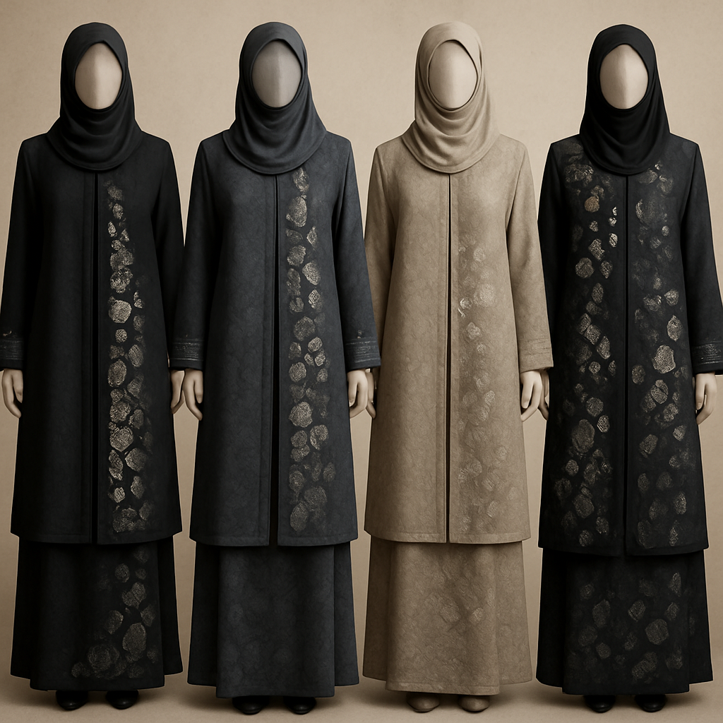 Create a modest two piece abaya, first of its kind, featuring a unique stone design that exudes a classy and sophisticated vibe. I'd like four designs, each showcasing different styles and fabrics. Incorporate high-end, unique chic stone designs to make them truly special. Add little sophisticated stone designs. Make it irresistible!
Create a modest two piece abaya, first of its kind, featuring a unique stone design that exudes a classy and sophisticated vibe. I'd like four designs, each showcasing different styles and fabrics. Incorporate high-end, unique chic stone designs to make them truly special. Add little sophisticated stone designs. Make it irresistible!