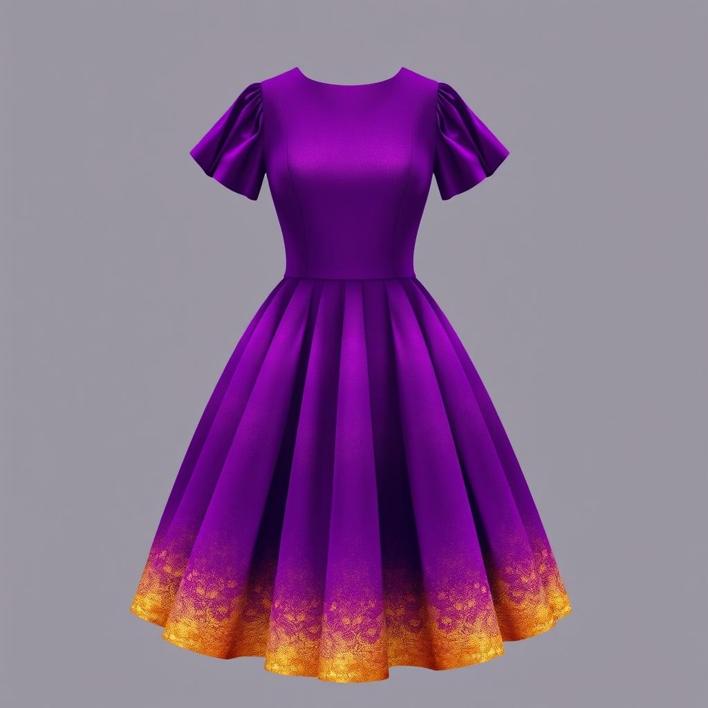 Knee length short dress purple and gold ombré effect with short sleeve
Design a knee-length short dress featuring a mesmerizing purple and gold ombré effect that transitions seamlessly from rich violet to shimmering gold at the hem. The dress should have playful short sleeves, a fitted bodice, and a flowing skirt that sways with movement, embodying luxury and whimsy for glamorous occasions.