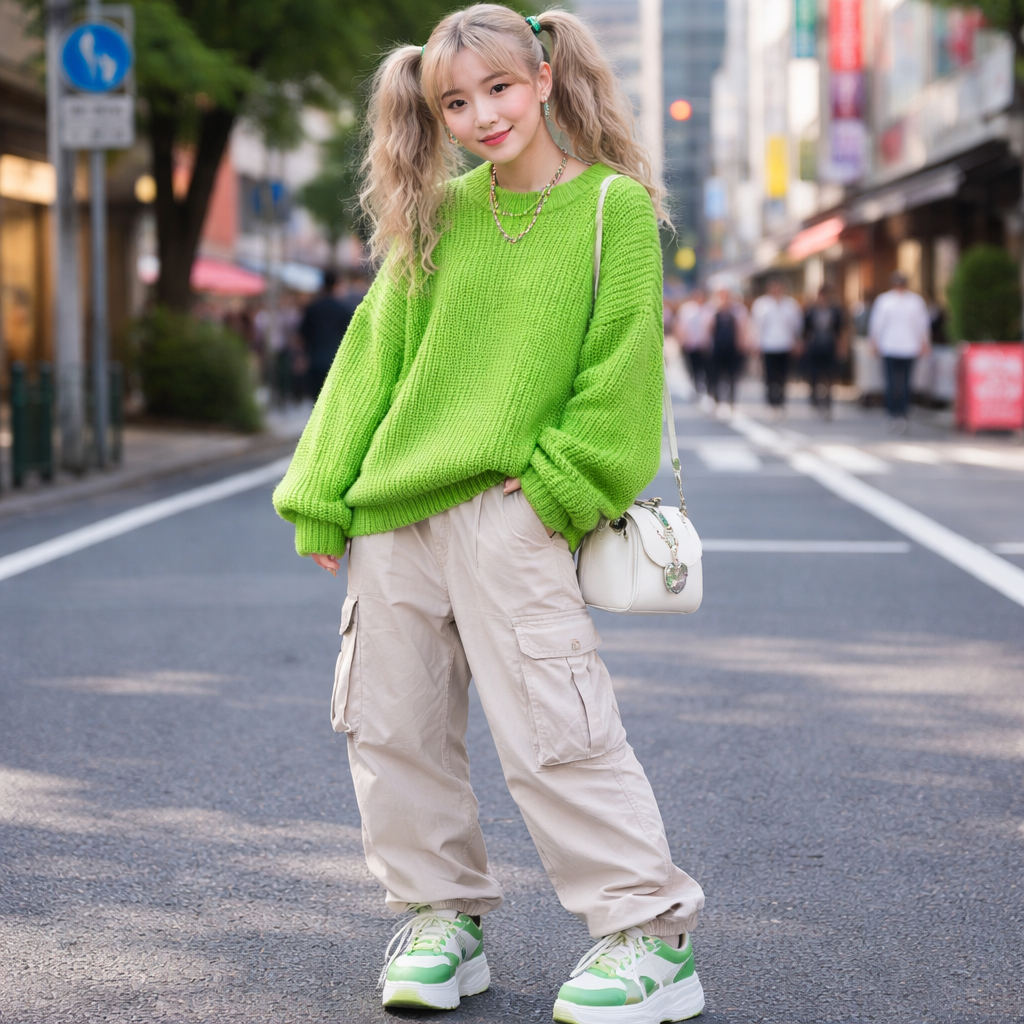 cute chunky oversized bright green sweater
Japanese Street fashion design: Cute chunky oversized bright green sweater, worn with relaxed fit cargo pants and platform sneakers, a playful and comfortable street style look.