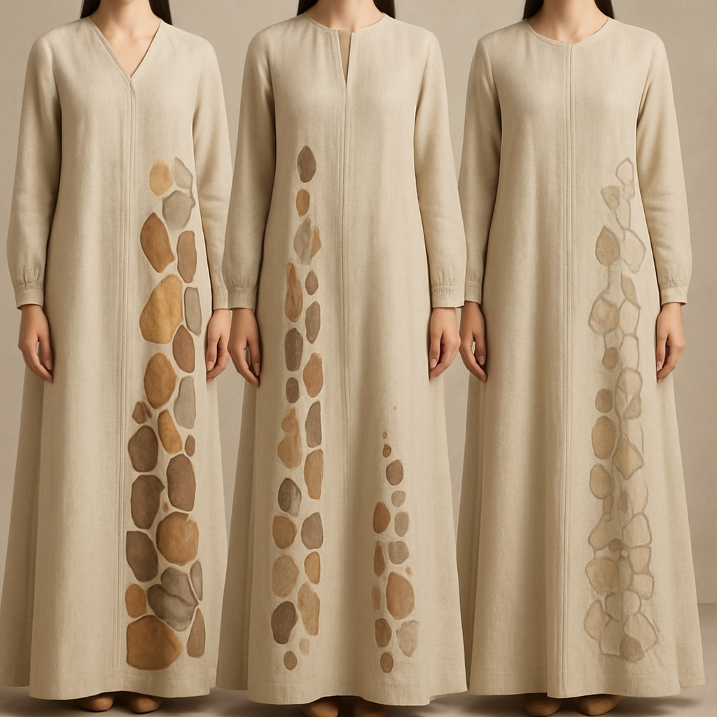 Create a modest two-piece linen abaya, the first of its kind, featuring a unique stone design that exudes a classy and sophisticated vibe. I’d like four designs, each showcasing different styles and fabrics. Incorporate high-end, unique chic stone designs to make them truly special. Add little sophisticated stone designs.

Create a modest two-piece linen abaya, the first of its kind, featuring a unique stone design that exudes a classy and sophisticated vibe. I’d like four designs, each showcasing different styles and fabrics. Incorporate high-end, unique chic stone designs to make them truly special. Add little sophisticated stone designs.