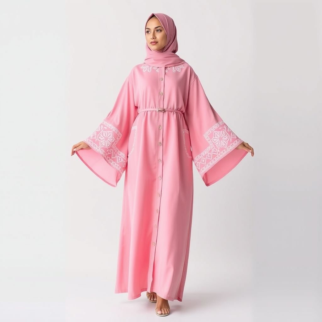 A modern, A-line abaya in a bold sky pink color. Features statement sleeves and minimalist, geometric embroidery. Stylish, modest, and perfect for everyday wear.
Envision a modern, A-line abaya in vibrant sky pink, accentuated by oversized statement sleeves that cascade elegantly. The timeless silhouette is adorned with minimalist geometric embroidery in contrasting white, creating a striking visual balance. Crafted from lightweight, breathable fabric, this versatile piece effortlessly transitions from casual outings to elegant gatherings, embodying chic modesty.