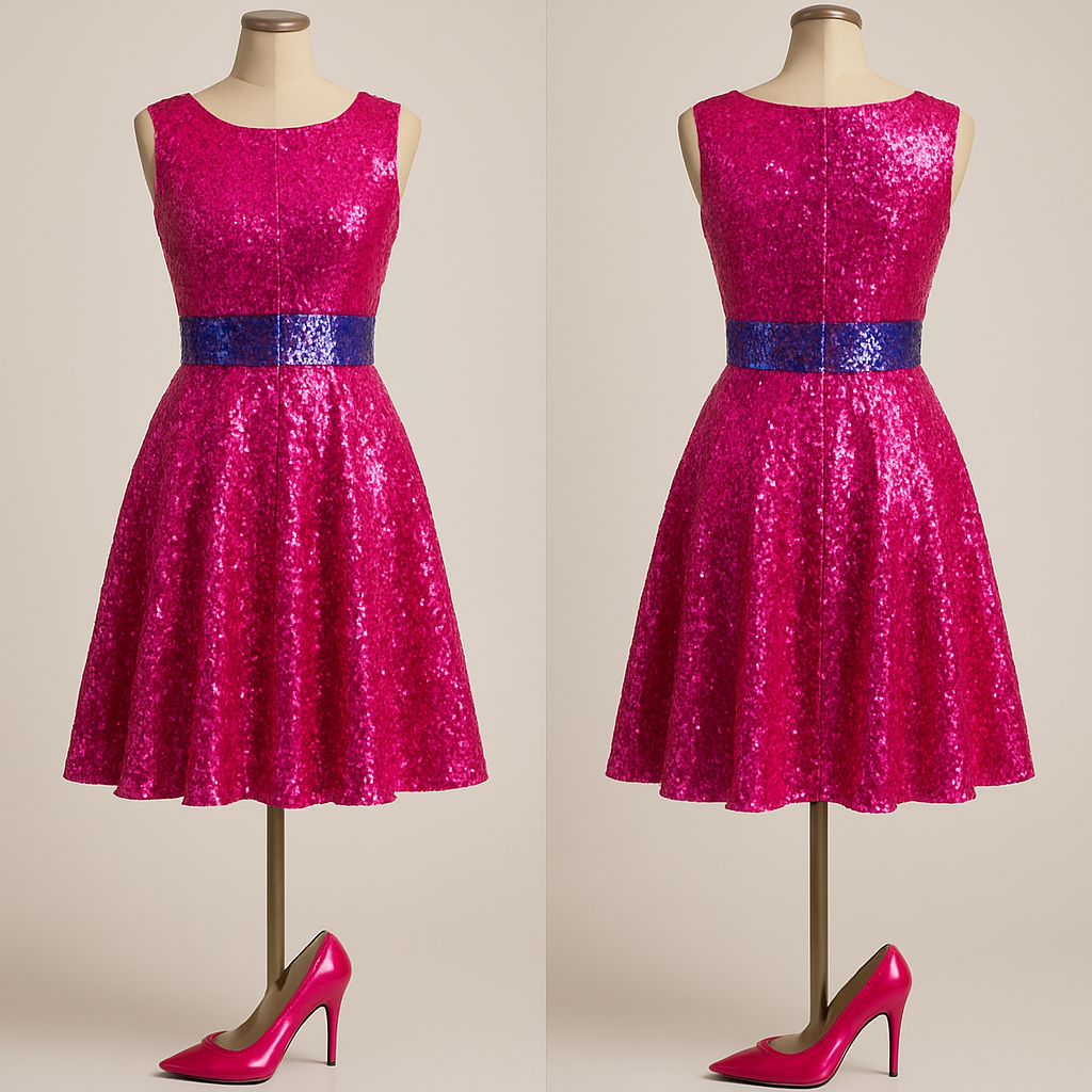 A hot pink sequence covered dress with a purple blue sparkly waistband and over the top overall look pink, bright and vibrant with stiletto high heels on a mannequin
A hot pink sequence covered dress with a purple blue sparkly waistband and over the top overall look pink, bright and vibrant with stiletto high heels on a mannequin, formal style, show front and back