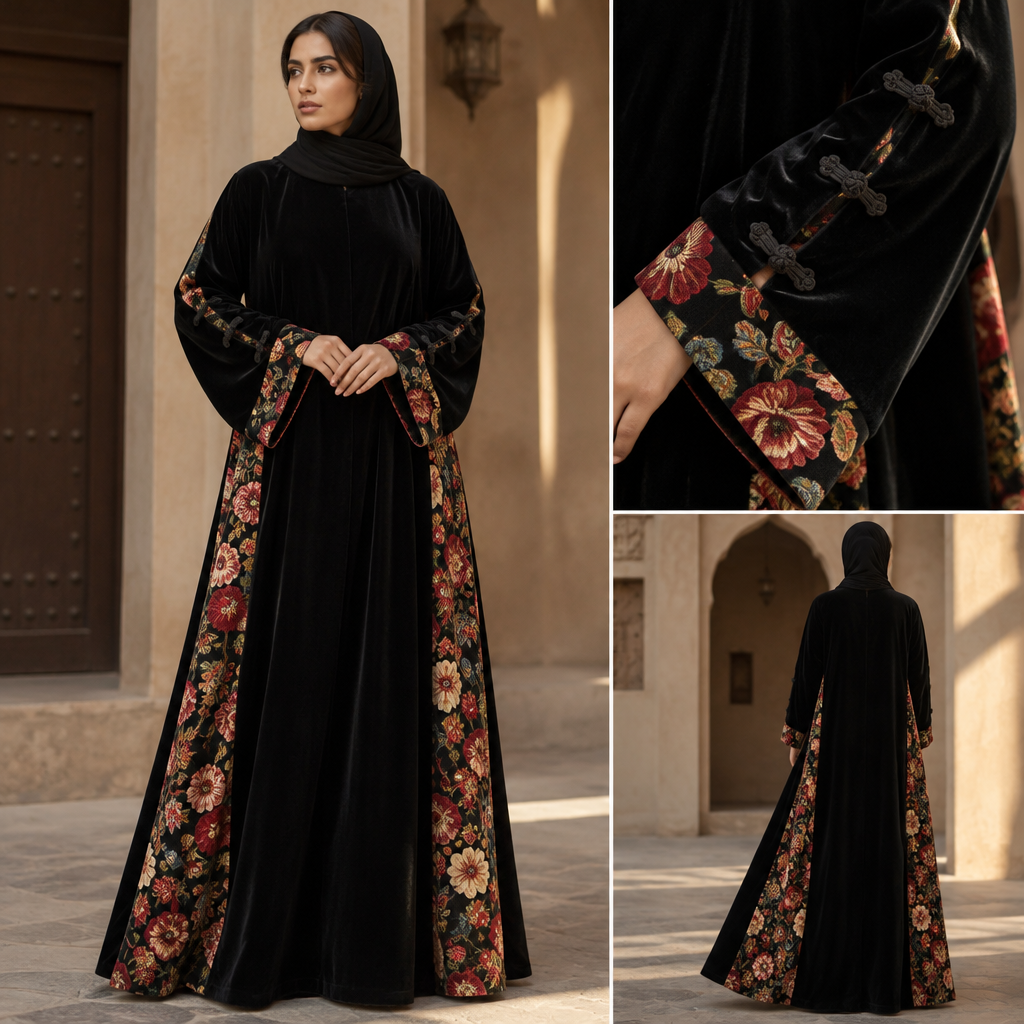photorealistic fashion design, A Unisex Abaya design, suitable for Fall, in Vintage style. عبايه سواء بقماش البليزر قماش مخمل بنقشة الورورد في جانبين و مقدمة الاكمام بأزرار صينيه. Oman fashion aesthetics. Present it as professional fashion catalogue photography: the garment is the subject, shown full-length with editorial styling, neutral posing and tasteful, non-suggestive framing., vintage style, just the design no text. Refinement: العباية تكون ب قصّة A لاين ويكون اسود و قماش المخمل يكون أكثر ألوان و حيوية
photorealistic fashion design, photorealistic fashion design, A Unisex Abaya design, suitable for Fall, in Vintage style. عبايه سواء بقماش البليزر قماش مخمل بنقشة الورورد في جانبين و مقدمة الاكمام بأزرار صينيه. Oman fashion aesthetics. Present it as professional fashion catalogue photography: the garment is the subject, shown full-length with editorial styling, neutral posing and tasteful, non-suggestive framing., vintage style, just the design no text. Refinement: العباية تكون ب قصّة A لاين ويكون اسود و قماش المخمل يكون أكثر ألوان و حيوية , just the design no text