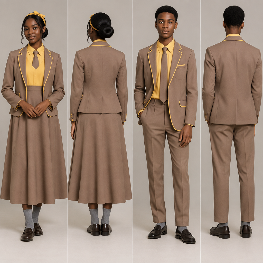 photorealistic fashion design, A Male Top design, with modest, full coverage: longer hemlines, higher necklines and covered shoulders, suitable for Spring. design a light brown blazer with yellow accents. For both male and female.
A fit and flare dress top half yellow, bottom half light brown, almost reaching ankles. A light brown tie, yellow barrett and grey socks. For the female.
A light brown relaxed trouser, reaching ankles. A yellow shirt, light brown tie and grey socks. For the male
Nice school shoes for both. Both must be wearing blazer . Present it as professional fashion catalogue photography: the garment is the subject, shown full-length with editorial styling, neutral posing and tasteful, non-suggestive framing., just the design no text, show front and back. Refinement: Use black teenagers as models
photorealistic fashion design, photorealistic fashion design, A Male Top design, with modest, full coverage: longer hemlines, higher necklines and covered shoulders, suitable for Spring. design a light brown blazer with yellow accents. For both male and female.
A fit and flare dress top half yellow, bottom half light brown, almost reaching ankles. A light brown tie, yellow barrett and grey socks. For the female.
A light brown relaxed trouser, reaching ankles. A yellow shirt, light brown tie and grey socks. For the male
Nice school shoes for both. Both must be wearing blazer . Present it as professional fashion catalogue photography: the garment is the subject, shown full-length with editorial styling, neutral posing and tasteful, non-suggestive framing., just the design no text, show front and back. Refinement: Use black teenagers as models , just the design no text