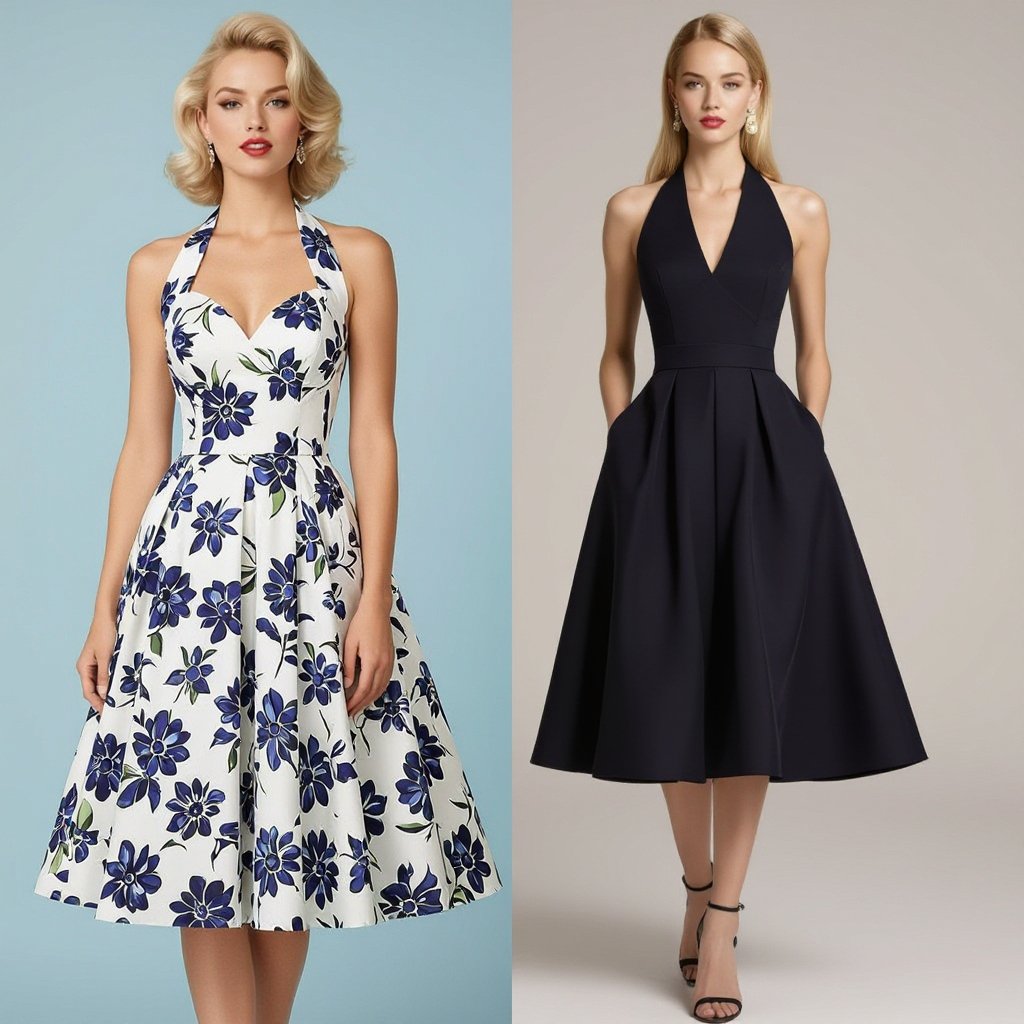 Marilyn Monroe inspired dress but styled modern
Marilyn Monroe-inspired dress, updated for modern style. Featuring a **crepe** **midi dress** with a **halter neckline**, **empire waist**, and a **flared skirt**.