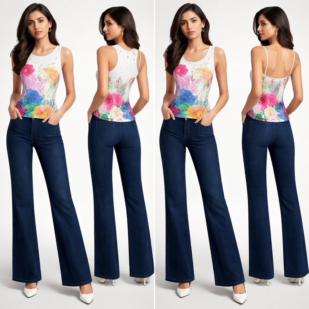 • Sleeveless round neck version
• Thin strap round neck version
• Same floral + Holi splash
• Dark blue wide-leg jeans + white bellies
• Full-length, clean catalog look
• Sleeveless round neck version
• Thin strap round neck version
• Same floral + Holi splash
• Dark blue wide-leg jeans + white bellies
• Full-length, clean catalog look
, formal style, show front and back