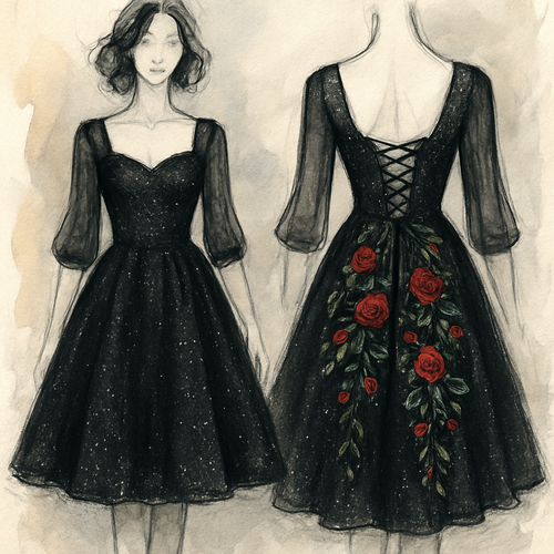 Glittery swing dress,black color, 1/3 sleeves chiffon sleeves. With red roses and green vines embroidered cascading down the back of the dress. Corset top and lace up back.