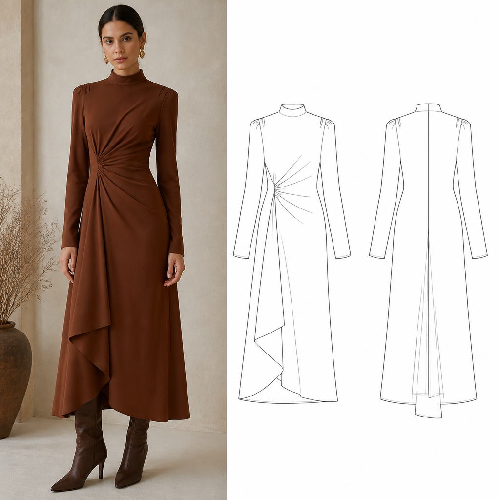 A Female Dress design, suitable for Fall. Eu gostaria que você criasse uma Peça o mais próximo do Real possível com base nesse desenho que eu fiz juntamente com uma ficha técnica com todas as informações necessárias para produzir esta peça. Brazil fashion aesthetics. Design with modest coverage.
photorealistic fashion design, A Female Dress design, suitable for Fall. Eu gostaria que você criasse uma Peça o mais próximo do Real possível com base nesse desenho que eu fiz juntamente com uma ficha técnica com todas as informações necessárias para produzir esta peça. Brazil fashion aesthetics. Design with modest coverage., just the design no text