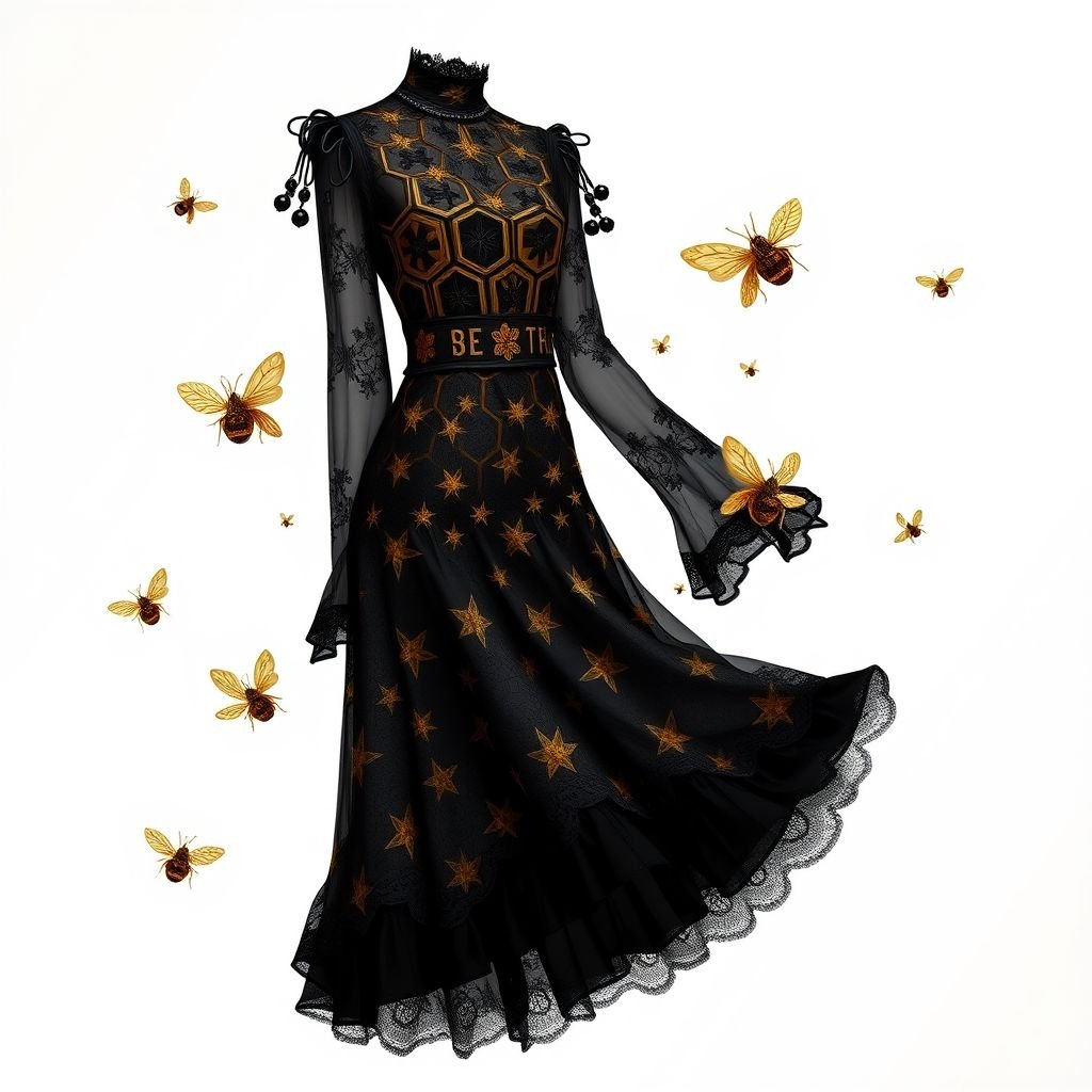 A honey bee & honey comb themed spring day dress.
Design a nu_goth spring day dress inspired by honey bees and honeycombs, blending dark aesthetics with sweet motifs. Incorporate sheer black lace overlay adorned with intricate honeycomb patterns, deep golden accents, and bee-shaped embellishments. The silhouette should feature a high neckline, flowing sleeves, and a dramatic layered hemline for an edgy twist.