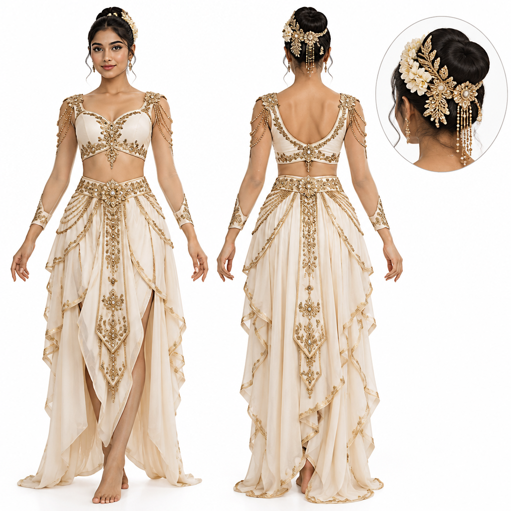 A Female Dress design, suitable for Summer. Create a professional fashion-design illustration for my dance costume assignment file. Use my uploaded reference image as the main design inspiration. Show the SAME costume in two full-length views: front view and back view. Include accurate costume silhouette, skirt shape, specified colours, decorative patterns, fabric textures, borders, embroidery, embellishments, and a matching headpiece shown separately in a close-up. Use a clean white background, fine pencil outlines, realistic fabric colouring, clear labels, and a professional high-resolution fashion illustration style. Keep both views consistent. Do not add shoes or slippers unless requested.. Sri Lanka fashion aesthetics. Present it as professional fashion catalogue photography: the garment is the subject, shown full-length with editorial styling, neutral posing and tasteful, non-suggestive framing.
photorealistic fashion design, A Female Dress design, suitable for Summer. Create a professional fashion-design illustration for my dance costume assignment file. Use my uploaded reference image as the main design inspiration. Show the SAME costume in two full-length views: front view and back view. Include accurate costume silhouette, skirt shape, specified colours, decorative patterns, fabric textures, borders, embroidery, embellishments, and a matching headpiece shown separately in a close-up. Use a clean white background, fine pencil outlines, realistic fabric colouring, clear labels, and a professional high-resolution fashion illustration style. Keep both views consistent. Do not add shoes or slippers unless requested.. Sri Lanka fashion aesthetics. Present it as professional fashion catalogue photography: the garment is the subject, shown full-length with editorial styling, neutral posing and tasteful, non-suggestive framing., just the design no text