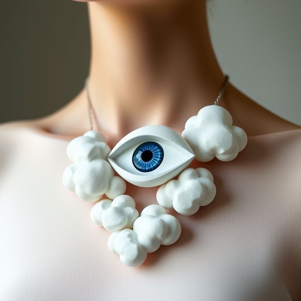 Papier-mâché minimal necklace inspired by eye and clouds
Design a striking papier-mâché minimal necklace, harmoniously blending ethereal clouds and a watchful eye. The piece features delicate, asymmetrical forms, with soft, rounded edges resembling fluffy cumulus clouds. A subtle gradient of whites and pale blues evokes a serene sky, while the eye, painted in deep cobalt, adds a captivating focal point.
