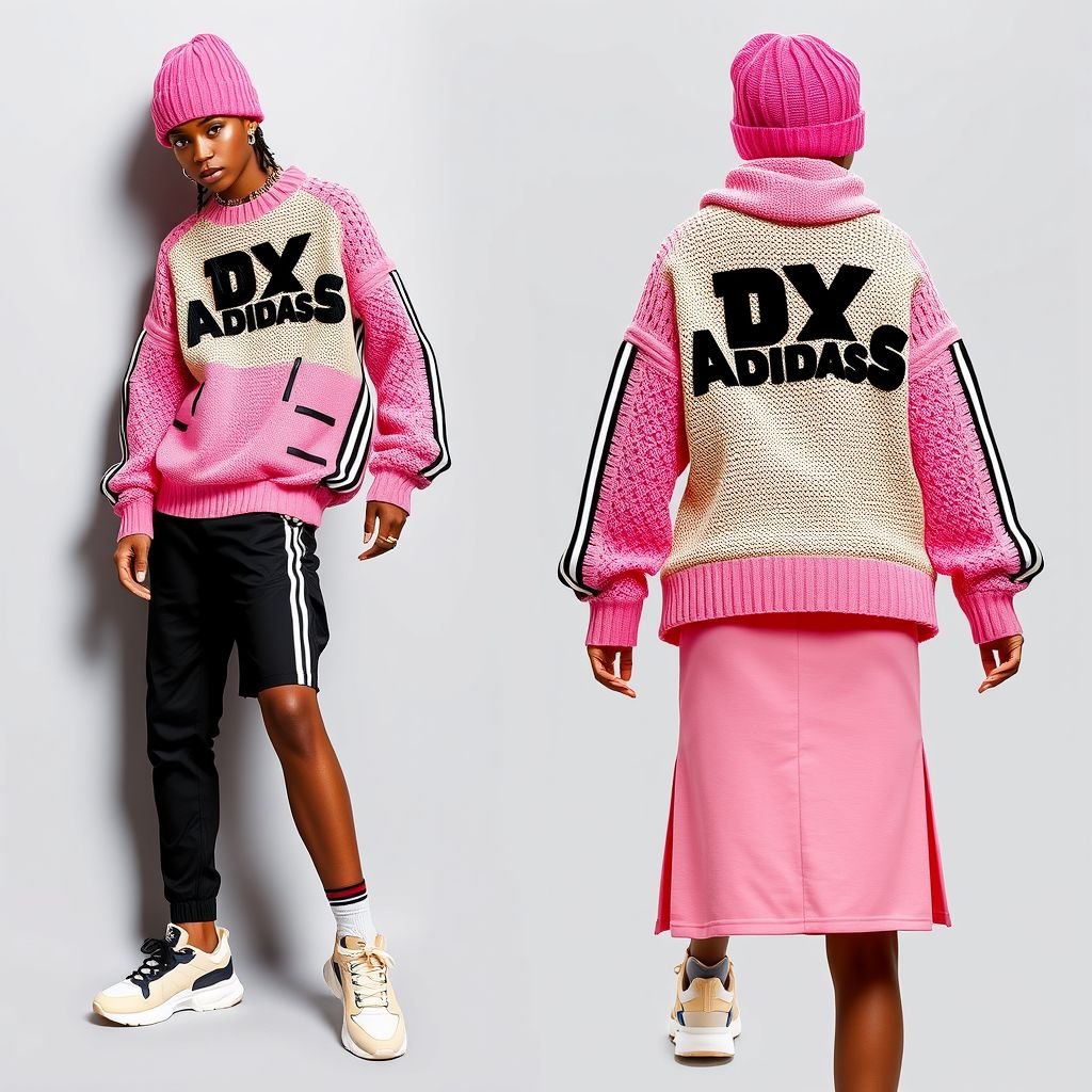 A pink and beige two toned crochet shirt and skirt, that says “DV X Adidas” on it, with 3stripes
Design a striking streetwear ensemble featuring a pink and beige two-toned crochet shirt and matching skirt. Boldly emblazoned with “DV X Adidas,” the outfit incorporates oversized 3-stripes detailing along the sleeves and hem. Compliment with chunky sneakers, vibrant accessories, and a slouchy beanie for an edgy urban look that stands out.