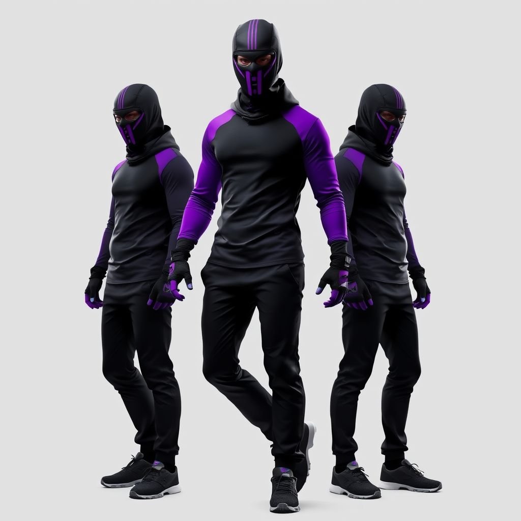Tactical suit. Long sleeves t shirt. Purple sleeves and black chest. Black long trousers. Black gloves with purple palm of the hands. Sport shoes. Black balaclava with two purple lines perpendicular to the eyes
Envision a cutting-edge tactical suit blending streetwear and utilitarian aesthetics. The long-sleeve t-shirt features bold, purple sleeves juxtaposed against a sleek black chest, creating an eye-catching silhouette. Paired with tailored black trousers and gloves boasting striking purple palms, the look is completed by sport shoes. A black balaclava adorned with bold purple stripes emphasizes mystery and edge.