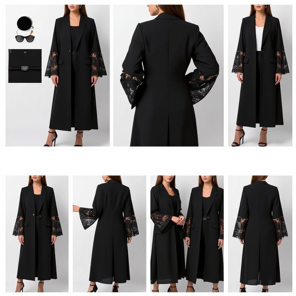 Abaya Blazer Design – Elegant Black Edition (Ankle Length) • Outer Fabric: • Worsted Wool Blend or Gabardine Wool in a luxurious black shade. • A refined, structured fabric that gives the abaya a strong and formal appearance. • Inner Lining: • Bemberg Rayon or Silk Satin in black or dark grey for added comfort and luxury. • Key Details: • A-Line cut with a graceful flow, tailored to ankle length instead of floor length, offering practicality and freedom of movement. • Slim feminine blazer lapel in a classic blazer style. • Hidden inner closure to maintain a clean, streamlined look. • French Lace Integration: • Placement Options: • Full sleeves made from luxurious black French lace for a distinctive feminine touch. • Or lace panels integrated along the sides of the chest, creating a seamless blend of wool and lace. • Pattern: Refined floral and leafy motifs with delicate raised embroidery and subtle transparency. • Effect: Adds depth and elegance, softening the black fabric with a bold, feminine character. • Back Design: • The back is kept plain and minimal, with a small center slit at the hem to enhance movement and highlight the blazer aesthetic. ⸻ ✨ Result: An ankle-length abaya blazer crafted in luxurious black (Worsted/Gabardine) with elegant French lace detailing, blending formality, boldness, and refined femininity — perfect for evening gatherings and formal occasions.
Business fashion: Ankle-length black wool blend abaya blazer. Features a slim lapel, hidden closure, and an A-line cut with a back slit. Options: full French lace sleeves or lace side panels with floral motifs.
