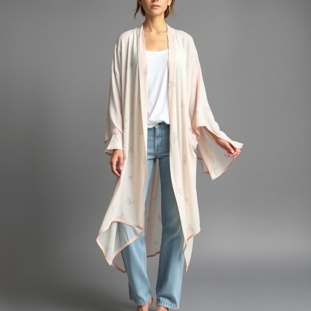 Long simple kimono with long sleeves but not in style of abaya
Design a relaxed, long kimono featuring flowing, oversized sleeves, emphasizing comfort and ease. Crafted from light, breathable fabrics in soft, pastel hues, the piece incorporates playful patterns like subtle florals or abstract designs. Perfect for a casual day out, it pairs effortlessly with fitted jeans or loose palazzo pants for a laid-back chic vibe.