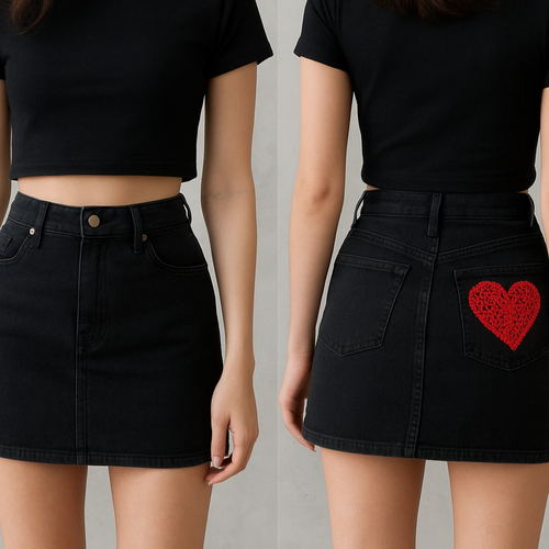 Mini black skirt, with a heart shaped cut on the back pocket filled with red crochet