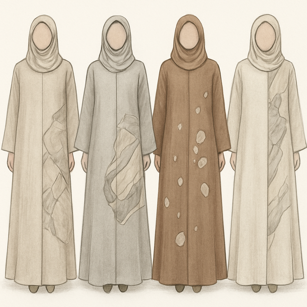 Create a modest two-piece linen abaya, the first of its kind, featuring a unique stone design that exudes a classy and sophisticated vibe. I’d like four designs, each showcasing different styles and fabrics. Incorporate high-end, unique chic stone designs to make them truly special. Add little sophisticated stone designs.

Create a modest two-piece linen abaya, the first of its kind, featuring a unique stone design that exudes a classy and sophisticated vibe. I’d like four designs, each showcasing different styles and fabrics. Incorporate high-end, unique chic stone designs to make them truly special. Add little sophisticated stone designs.