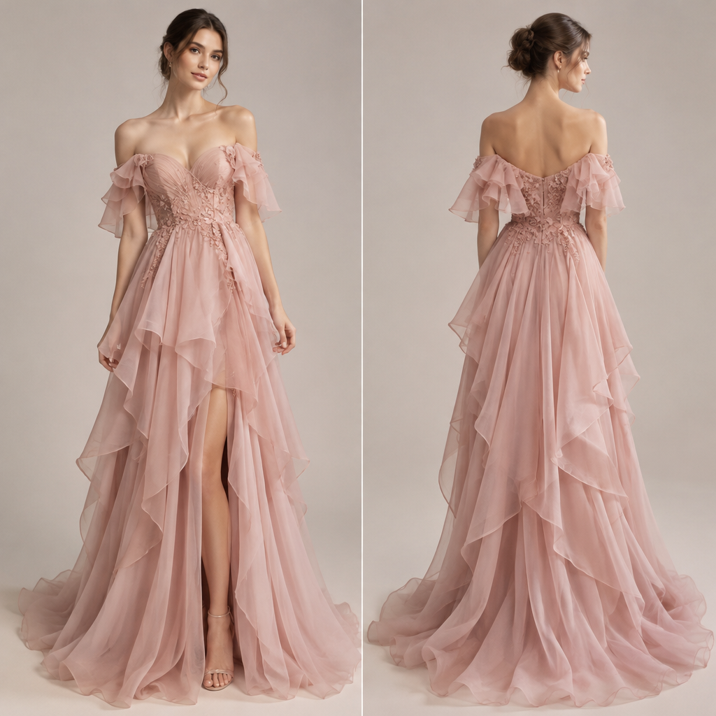 A Female Dress design, for Party, suitable for Spring. soft dusty pinks that flowing with off the shoulder layers and ling soft flowing design
photorealistic fashion design, A Female Dress design, for Party, suitable for Spring. soft dusty pinks that flowing with off the shoulder layers and ling soft flowing design, just the design no text, show front and back