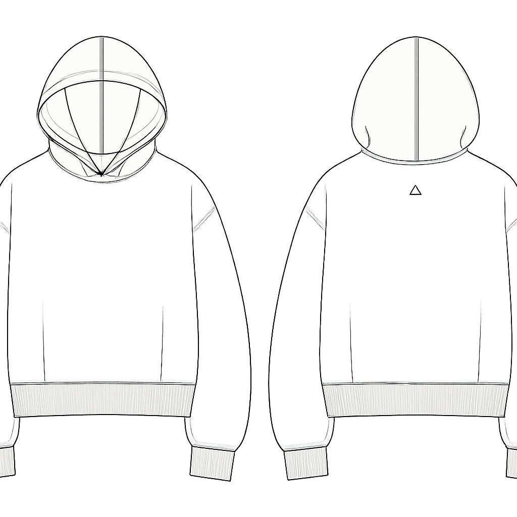 Unisex oversized hoodie with a boxy silhouette and drop shoulders. Clean minimal design with no graphics on the front. Color: charcoal black. The hoodie has a structured outer layer and a soft inner layer visible slightly at the sleeve cuff and at the bottom hem. Ribbing on cuffs and hem is tonal and subtle. Slight overlength sleeves. Back side has a small minimal symbol printed top-center between the shoulders. Stitch lines are clean and precise. Make it technical fashion sketch style, simple linework, no background, no model face details.
Unisex oversized hoodie with a boxy silhouette and drop shoulders. Clean minimal design with no graphics on the front. Color: charcoal black. The hoodie has a structured outer layer and a soft inner layer visible slightly at the sleeve cuff and at the bottom hem. Ribbing on cuffs and hem is tonal and subtle. Slight overlength sleeves. Back side has a small minimal symbol printed top-center between the shoulders. Stitch lines are clean and precise. Make it technical fashion sketch style, simple linework, no background, no model face details., streetwear style, show front and back