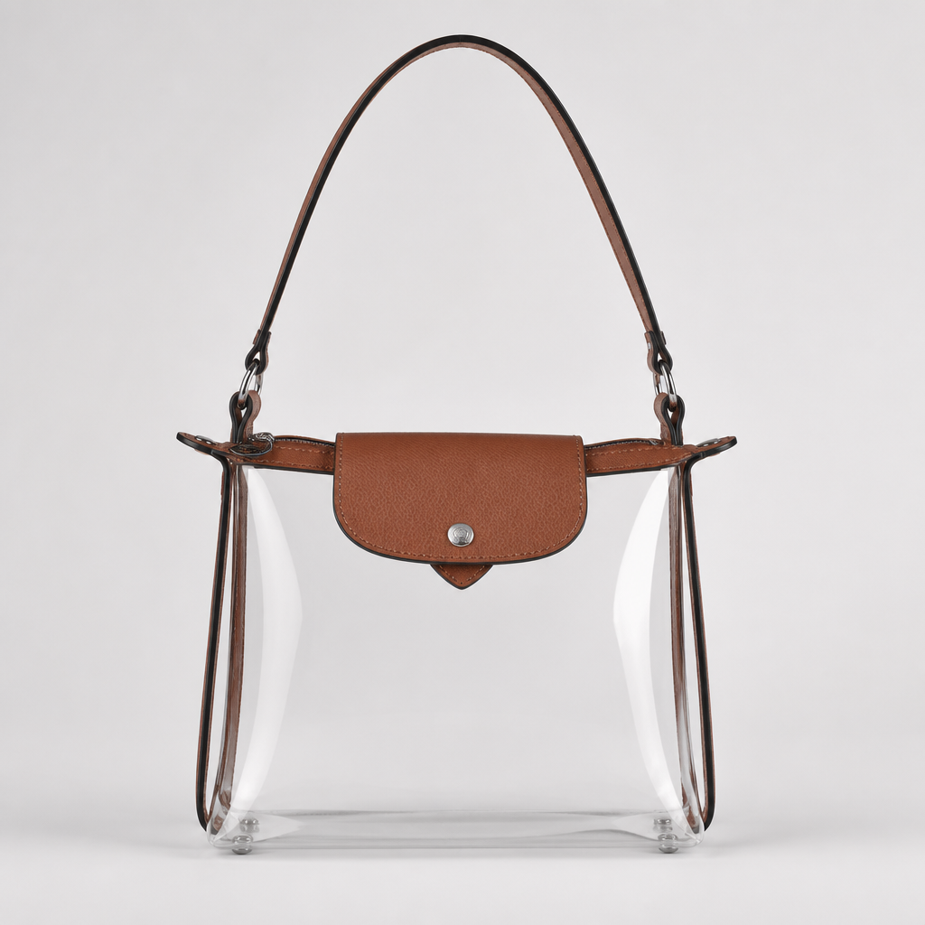 Creat a longchamp style clear bag but make it a little different to make it my own have it no larger than 12 x 6 x 12 and make it one single strap
photorealistic fashion design, Creat a longchamp style clear bag but make it a little different to make it my own have it no larger than 12 x 6 x 12 and make it one single strap , classic style, just the design no text