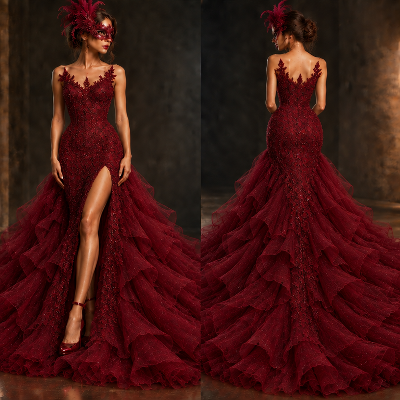 Make the train more exaggerated, voluminous and ruffled
edit the attached fashion design with these instructions: Make the train more exaggerated, voluminous and ruffled. keep it photorealistic, just the design no text
