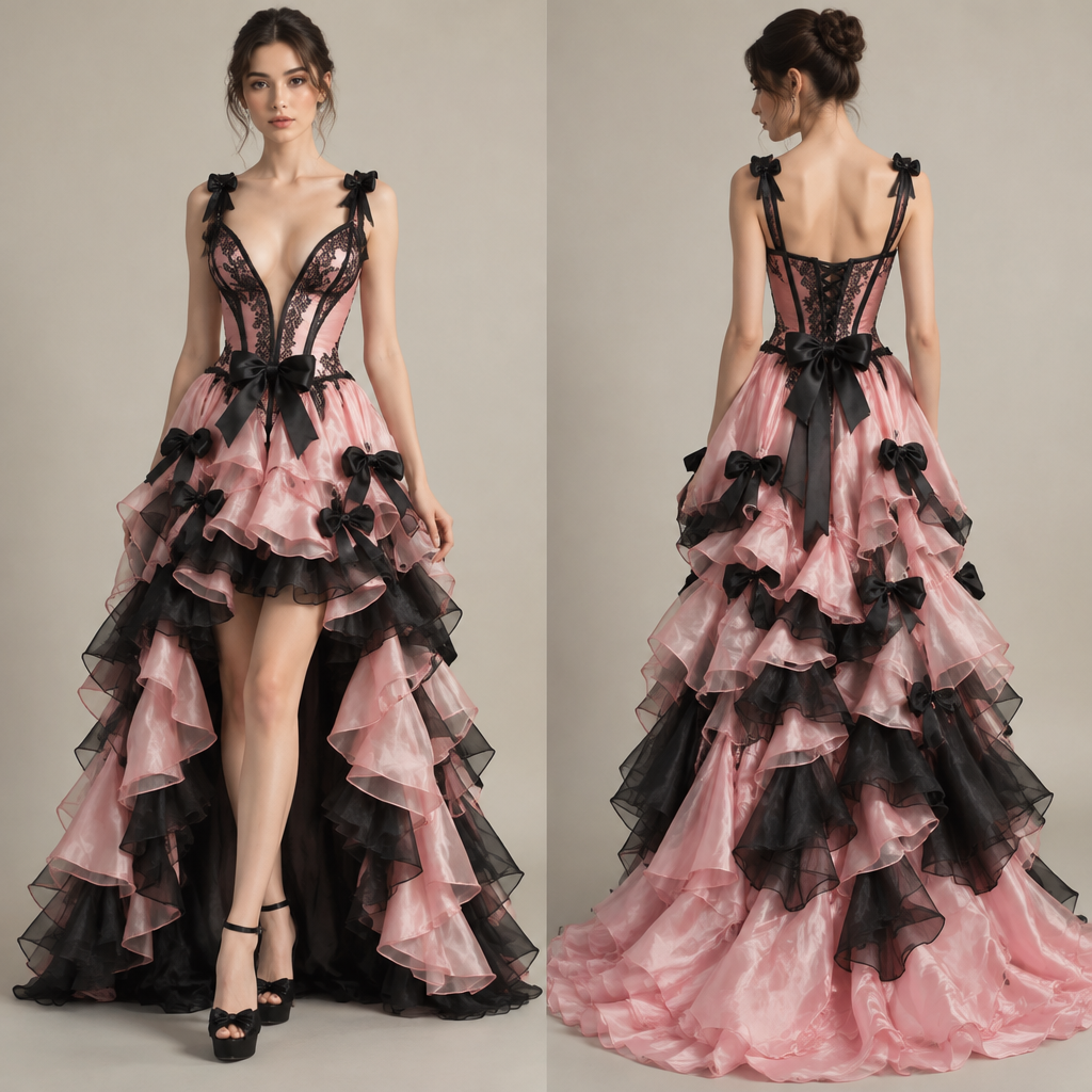 A Female fashion design. deep v neck dress corset with ruffled skirt in pink and black with bows Present it as professional fashion catalogue photography: the garment is the subject, shown full-length with editorial styling, neutral posing and tasteful, non-suggestive framing.
photorealistic fashion design, A Female fashion design. deep v neck dress corset with ruffled skirt in pink and black with bows Present it as professional fashion catalogue photography: the garment is the subject, shown full-length with editorial styling, neutral posing and tasteful, non-suggestive framing., just the design no text
