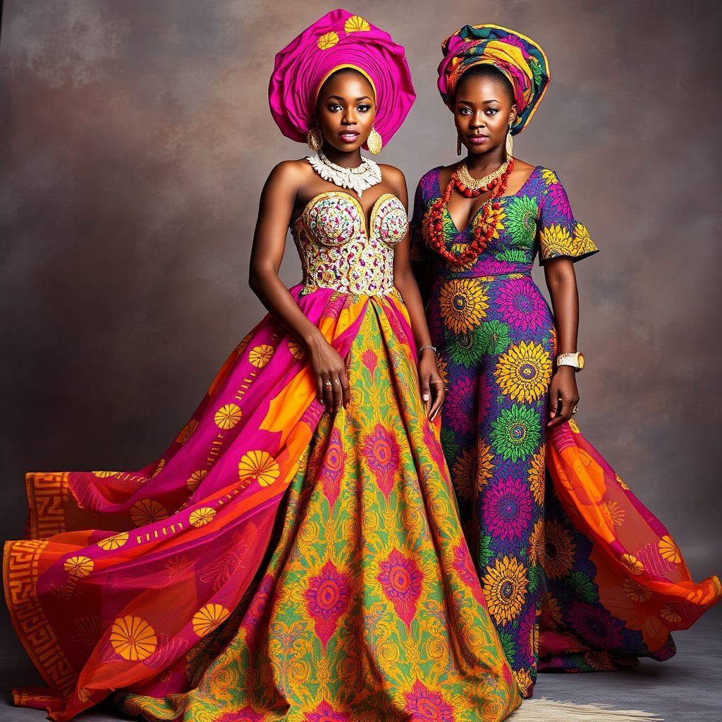 Bride and one of her friends
Create an enchanting scene featuring a radiant African bride adorned in a vibrant, intricately beaded gown, flowing with layers of colorful Kente fabric. Her friend complements her style in a chic Ankara jumpsuit, showcasing bold patterns and statement accessories. Incorporate traditional headwraps and intricate jewelry for a celebratory atmosphere.