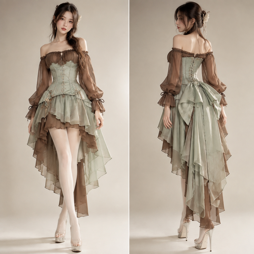 A Female Dress design, suitable for Summer. 內搭是咖啡色透明一字領,外面是薄荷綠的束腰馬甲
,下半身是薄荷綠+咖啡的前短後長的裙子,米白絲襪,透明高跟鞋. Taiwan fashion aesthetics. Present it as professional fashion catalogue photography: the garment is the subject, shown full-length with editorial styling, neutral posing and tasteful, non-suggestive framing.
photorealistic fashion design, A Female Dress design, suitable for Summer. 內搭是咖啡色透明一字領,外面是薄荷綠的束腰馬甲
,下半身是薄荷綠+咖啡的前短後長的裙子,米白絲襪,透明高跟鞋. Taiwan fashion aesthetics. Present it as professional fashion catalogue photography: the garment is the subject, shown full-length with editorial styling, neutral posing and tasteful, non-suggestive framing., just the design no text
