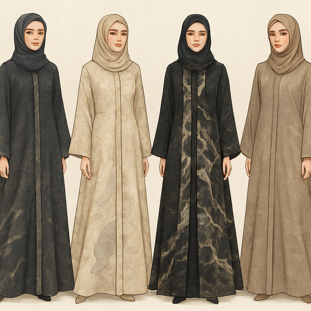 Create a modest two piece abaya that's the first of its kind, featuring a unique stone design that exudes a classy and sophisticated vibe. I'd like four designs, each showcasing different styles and fabrics.Incorporate high-end, unique chic stone designs to make them truly special. And add little cute touch of sophisticated stone designs.

Create a modest two piece abaya that's the first of its kind, featuring a unique stone design that exudes a classy and sophisticated vibe. I'd like four designs, each showcasing different styles and fabrics.Incorporate high-end, unique chic stone designs to make them truly special. And add little cute touch of sophisticated stone designs.