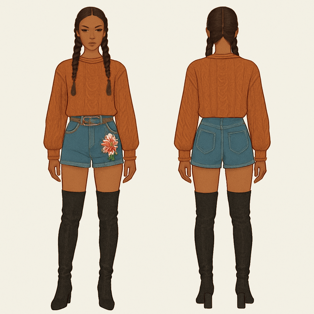 Sweater shirt shorts gold chain on shorts flower on the shorts braids thigh high boots
Sweater shirt shorts gold chain on shorts flower on the shorts braids thigh high boots , show front and back
