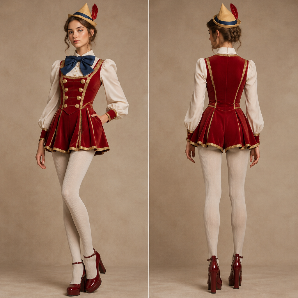 A Female Dress design, with a Fitted silhouette, with modest, full coverage: longer hemlines, higher necklines and covered shoulders, for Festival, suitable for Fall, suited to a Temperate climate, in Formal + Glamorous + Elegant style, shown on a model with a slim figure. a sexier version of this classic Pinocchio costume Present it as professional fashion catalogue photography: the garment is the subject, shown full-length with editorial styling, neutral posing and tasteful, non-suggestive framing.
photorealistic fashion design, A Female Dress design, with a Fitted silhouette, with modest, full coverage: longer hemlines, higher necklines and covered shoulders, for Festival, suitable for Fall, suited to a Temperate climate, in Formal + Glamorous + Elegant style, shown on a model with a slim figure. a sexier version of this classic Pinocchio costume Present it as professional fashion catalogue photography: the garment is the subject, shown full-length with editorial styling, neutral posing and tasteful, non-suggestive framing., formal style, just the design no text, show front and back