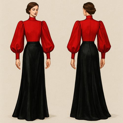 Red top with long puffy arms. At the end of the arms its not puffy. High elegant neck. With silk black long skirt. 
