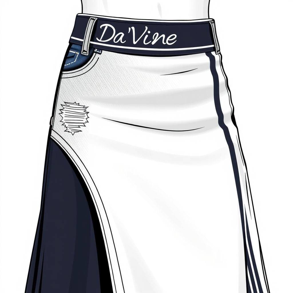 Make me a sporty skirt that looks like adidas, except add “Da’Vine” on it, put 2 stripes and make half of the skirt jean and the other half stretchy. The skirt should be long
Design a long sporty skirt merging functionality and style, featuring one half in classic denim with distressed details and the other half in soft, stretchy fabric for mobility. Adorn the waistband with "Da’Vine" elegantly stitched. Include two bold stripes running vertically, echoing the iconic Adidas look for an energetic flair.