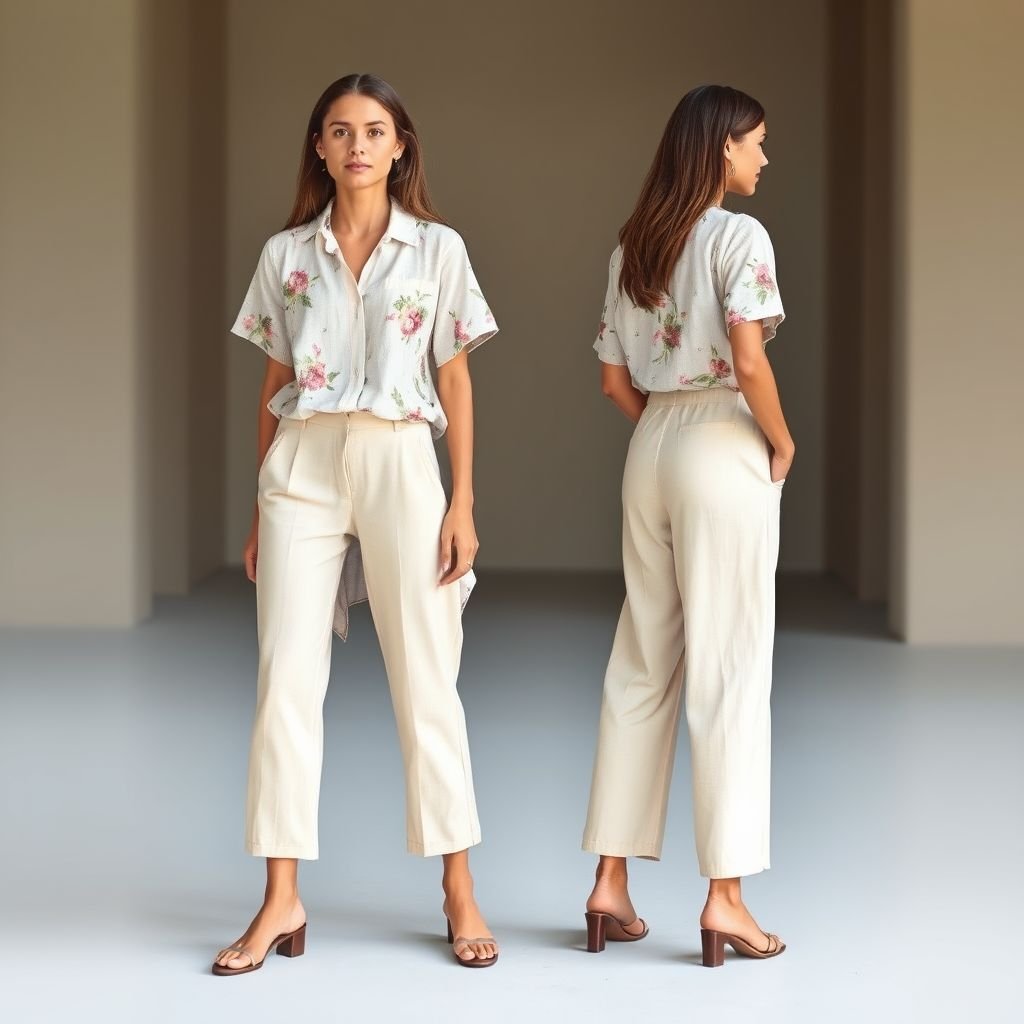 top resort and bottom front and back style Zimmerman
Design a relaxed yet chic casual outfit inspired by Zimmerman, featuring a lightweight, flowing top made from breathable linen with floral prints. Pair it with high-waisted, wide-leg trousers in a matching pastel hue. Ensure the front boasts delicate button details, while the back reveals a playful, slightly asymmetric hem for effortless style.