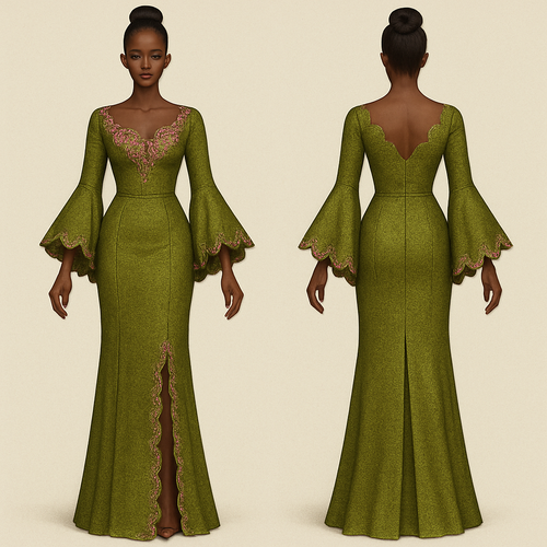 “A straight corset long gown with a scalloped neckline and long flared sleeves featuring pointed (or scalloped) edges.”
On the body create a 3D design using asooke of a lighter shade of olive green and 
Pink along side with beadings,the main dress is olive green asooke and the neckline is queen Annie,the back neckline is scalloped v neck and the slit is also scalloped 