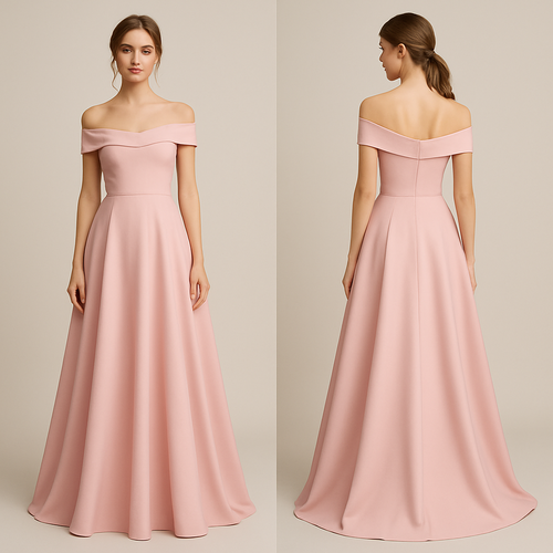 Thing length dress with off shoulder and powder pink flair dress